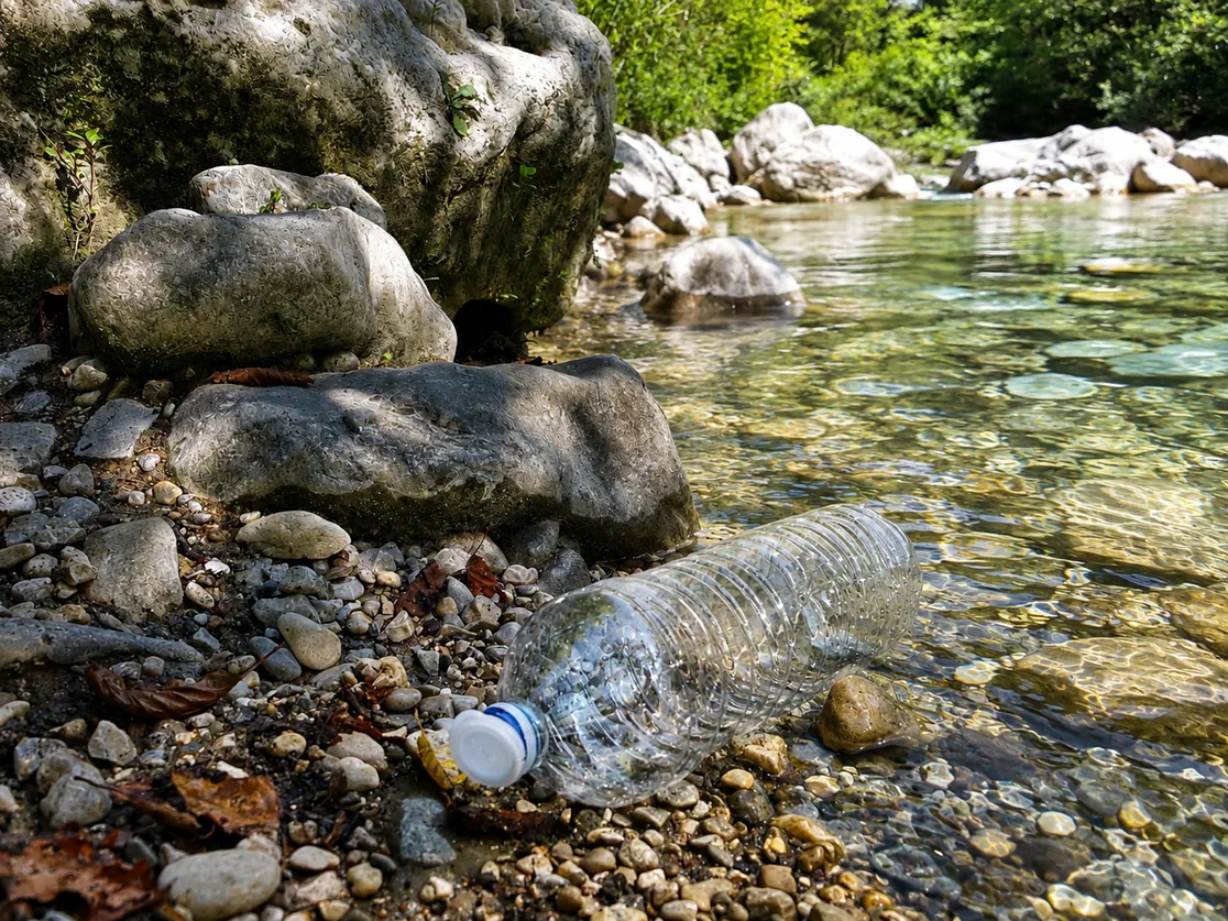 Bouteille en plastique abandonnée sur les galets, au bord d'une rivière