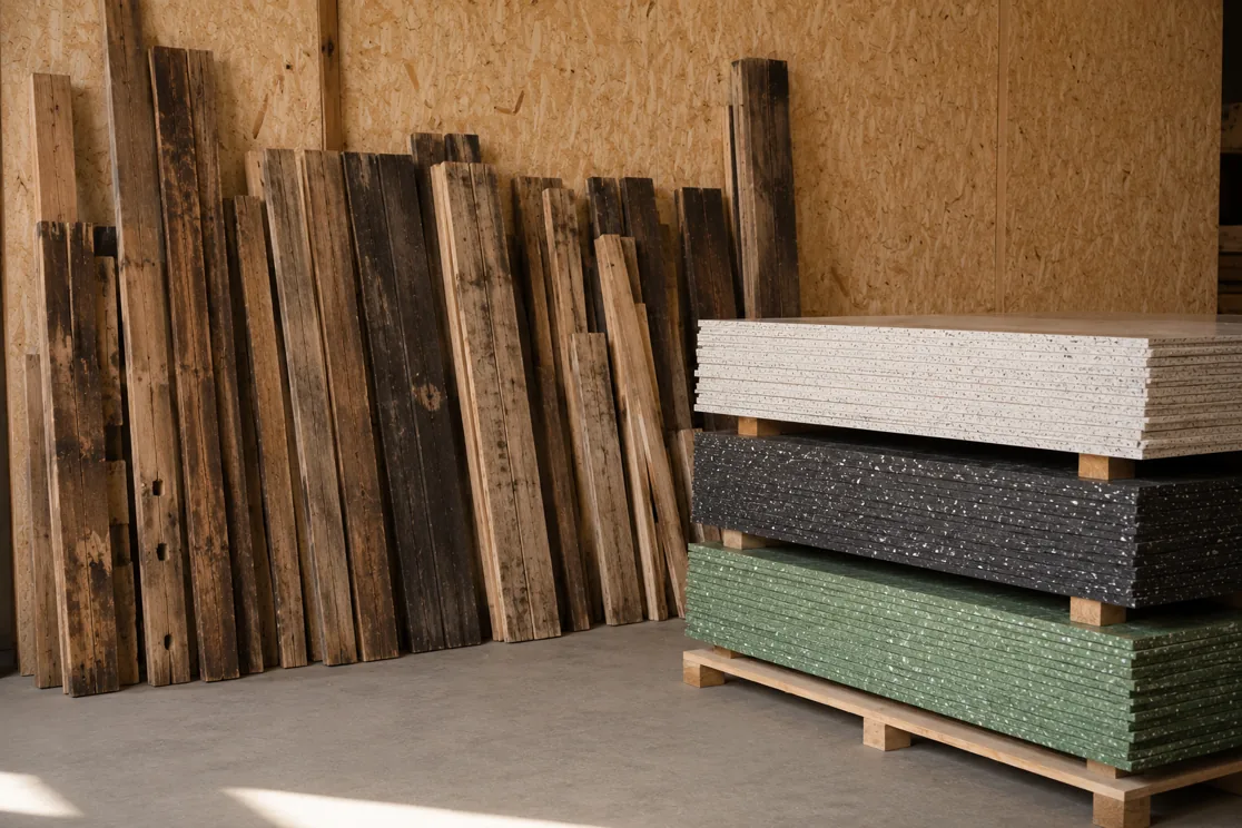 Ressources en bois et panneaux recyclés dans l'atelier