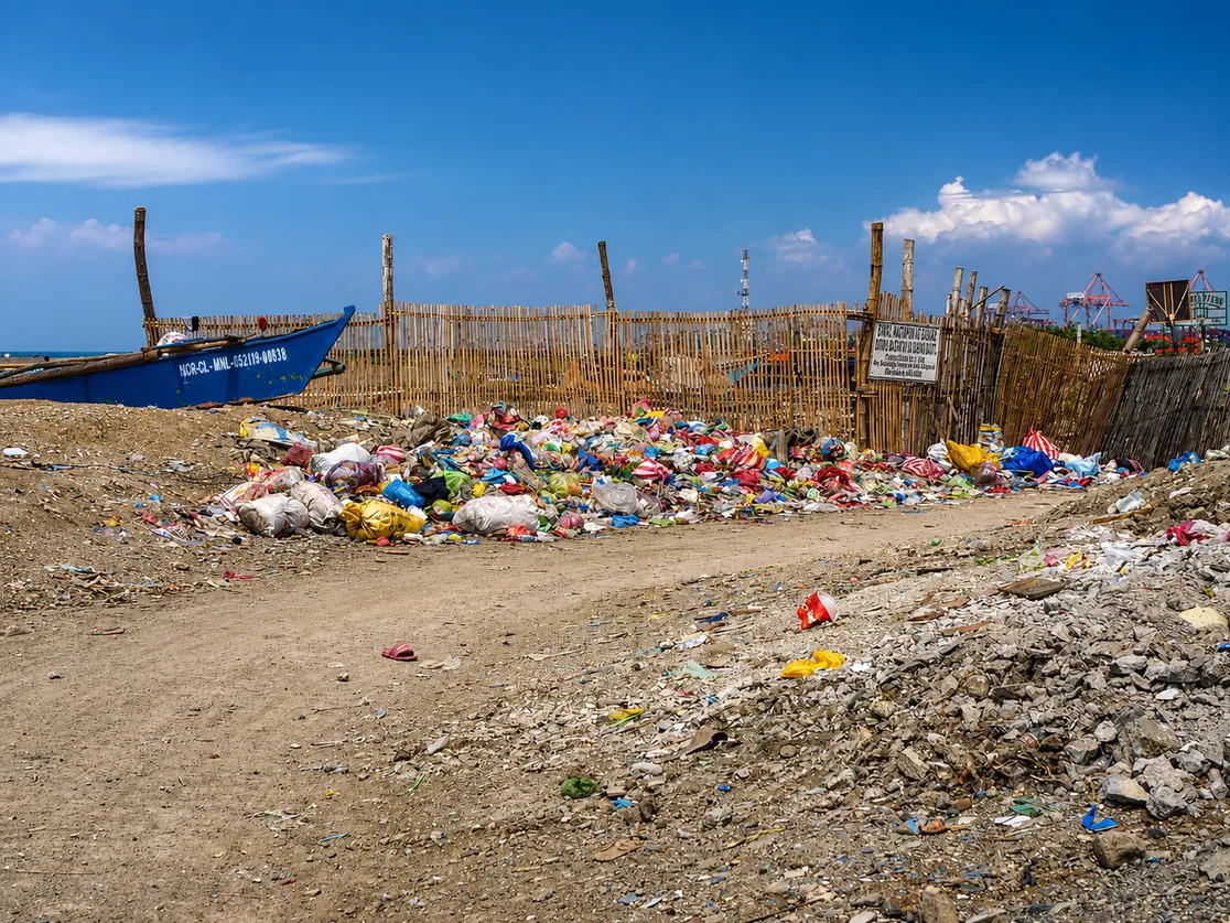 Déchets plastiques amoncelés au bord d'une plage, aux Philippines